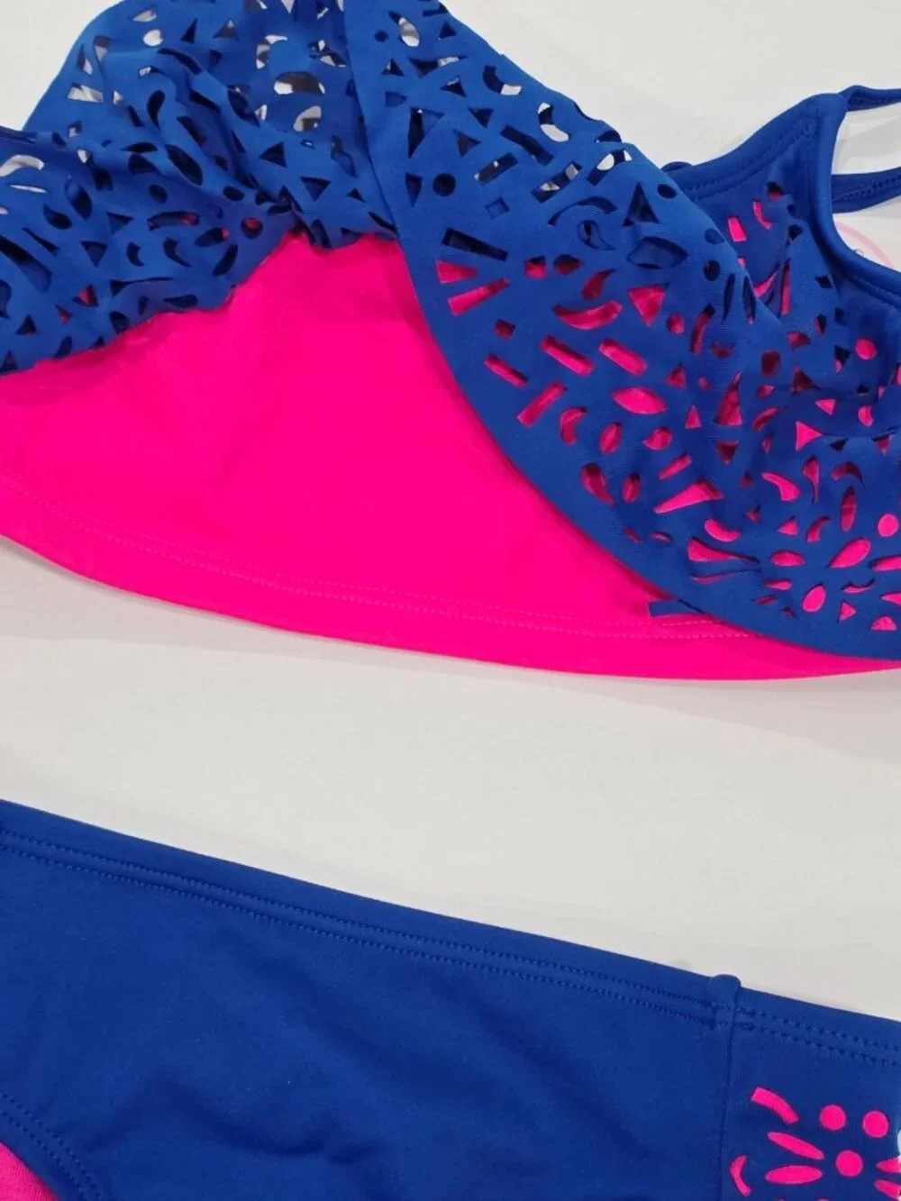 Justice ✦ Girls Bikini Set ✦ Blue Pink Laser-Cut Ruffle UPF 50+ Size 7